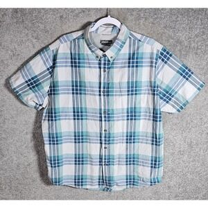Eddie Bauer Button Down Shirt Mens Size XL Blue Green Plaid Gorpcore Pockets